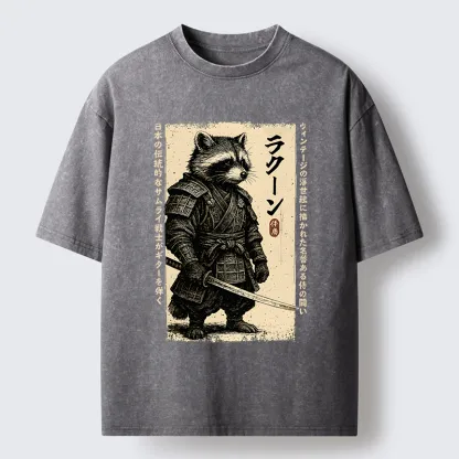Tokyo-Lion Raccoon Japanese Samurai Washed T-Shirt
