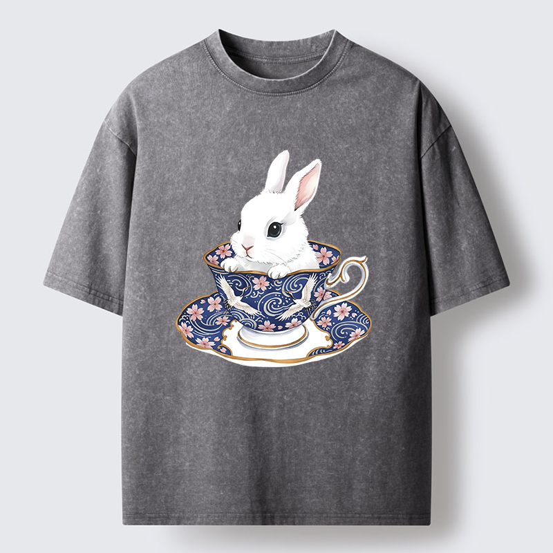 Tokyo-Lion Cute Rabbit Tea Set Washed T-Shirt