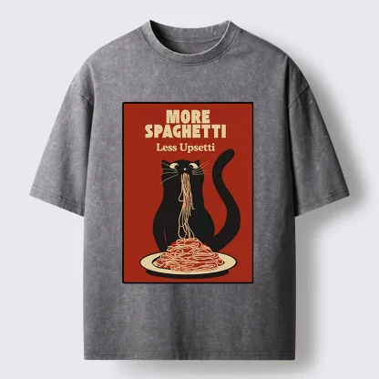Tokyo-Lion Black Cat Eating Spaghetti Poster Washed T-Shirt