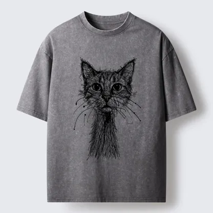 Tokyo-Lion Messy Line Cat Washed T-Shirt-Tokyo-Lion