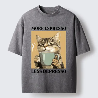 Tokyo-Lion Cute Cat Drinking Coffee Washed T-Shirt