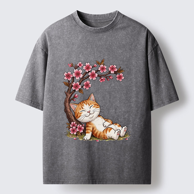 Tokyo-Lion Cat Sleeps Under Sakura Washed T-Shirt