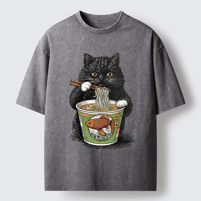 Tokyo-Lion Black Cat Eating Japanese Food Washed T-Shirt