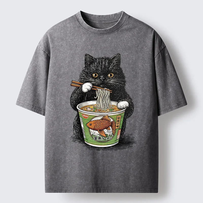 Tokyo-Lion Black Cat Eating Japanese Food Washed T-Shirt