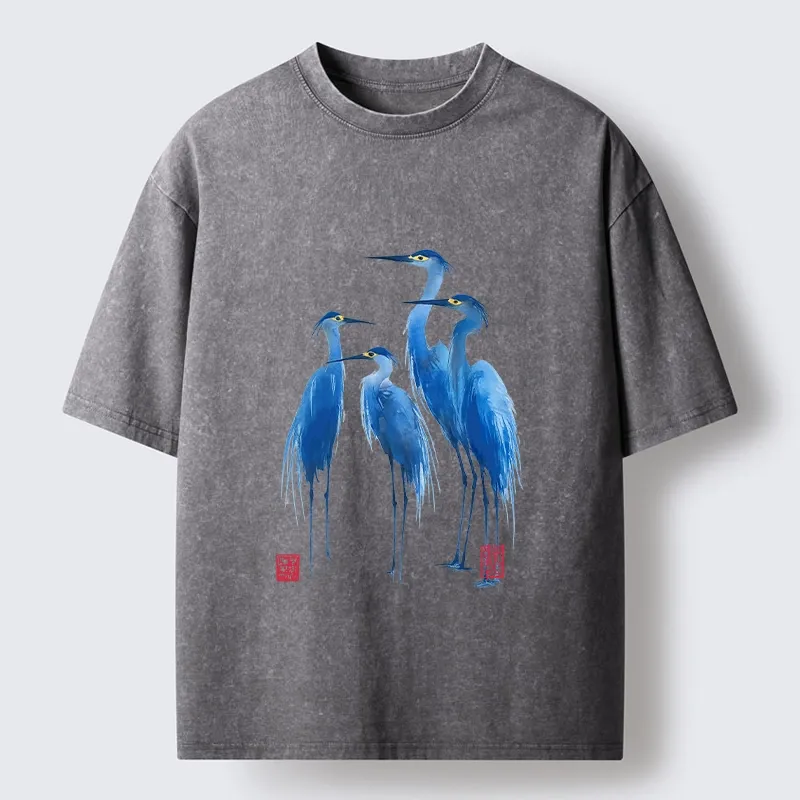 Tokyo-Lion Flocks Of Great Blue Herons Washed T-Shirt