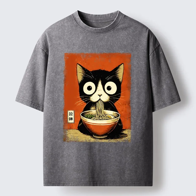 Tokyo-Lion Ramen Loving Black Cat Washed T-Shirt