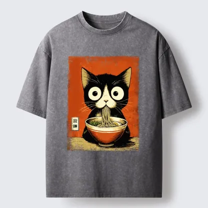 Tokyo-Lion Ramen Loving Black Cat Washed T-Shirt