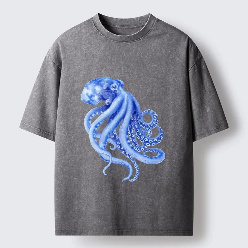 Tokyo-Lion Retro Blue Octopus Washed T-Shirt