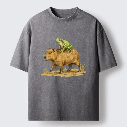 Tokyo-Lion Frog Riding A Capybara Washed T-Shirt