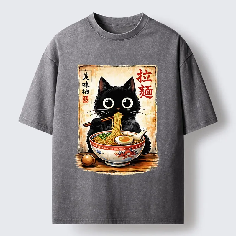 Tokyo-Lion Cute Cat Slurping Ramen Washed T-Shirt