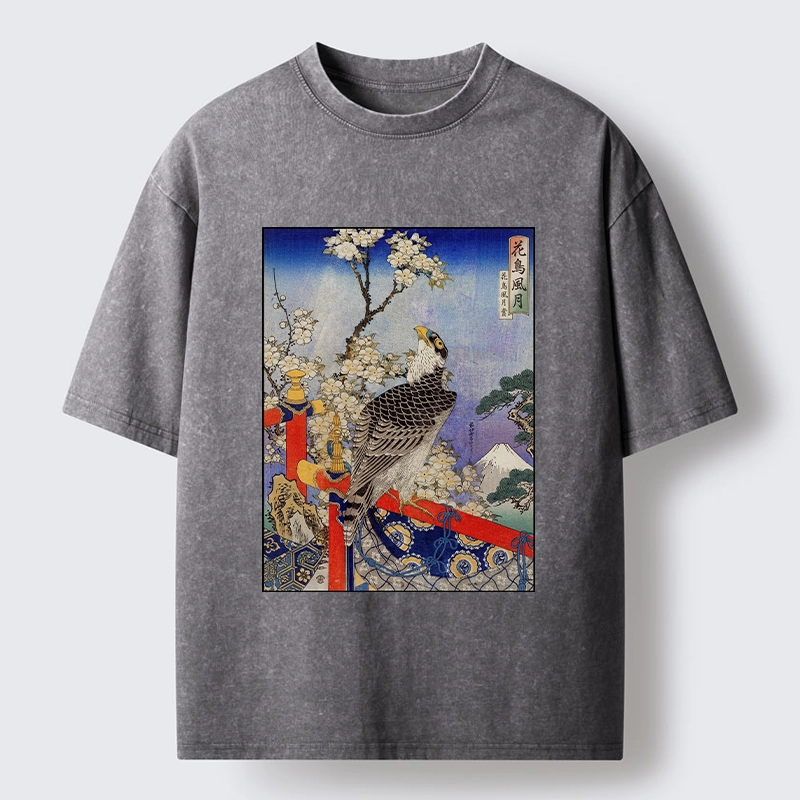 Tokyo-Lion Sakura, Eagle And Mount Fuji In Ukiyo-E Washed T-Shirt