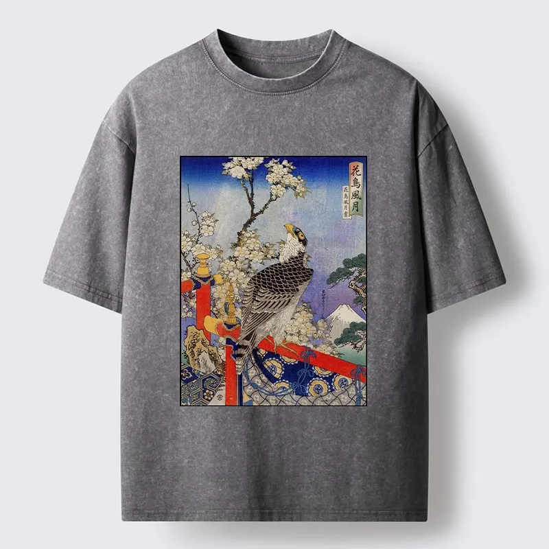 Tokyo-Lion Sakura, Eagle And Mount Fuji In Ukiyo-E Washed T-Shirt