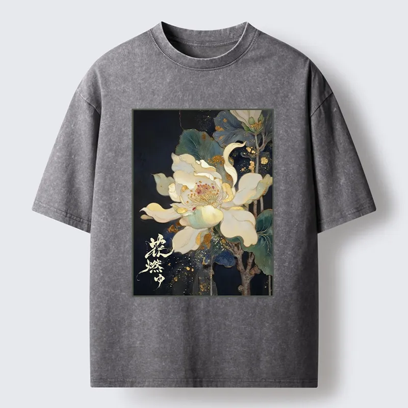 Tokyo-Lion Lotus Adorned With Golden Specks Washed T-Shirt