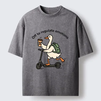 Tokyo-Lion Scooter-Riding Duck’s Self-Care Washed T-Shirt
