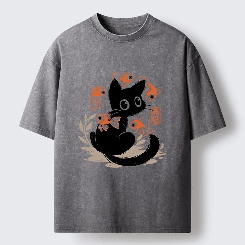 Tokyo-Lion Curious Black Cat Among Fish Washed T-Shirt