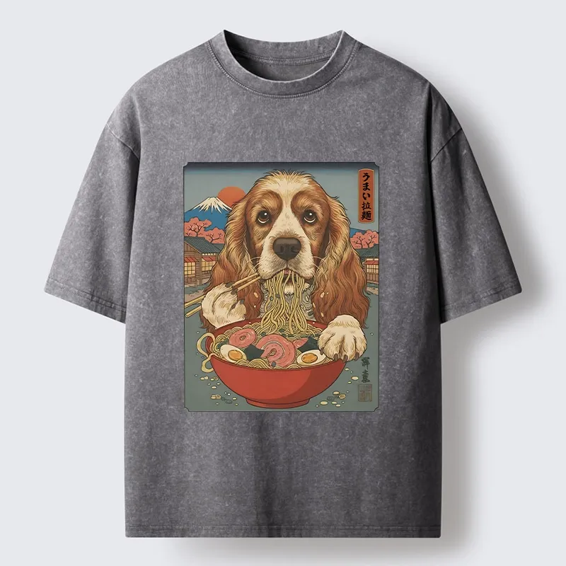 Tokyo-Lion Dog Slurping Ramen In Japanese Style Washed T-Shirt