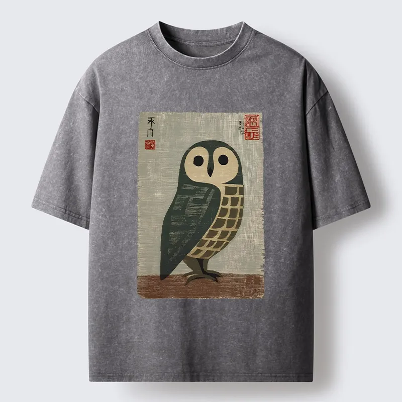 Tokyo-Lion Traditional Owl In Japanese Art Washed T-Shirt