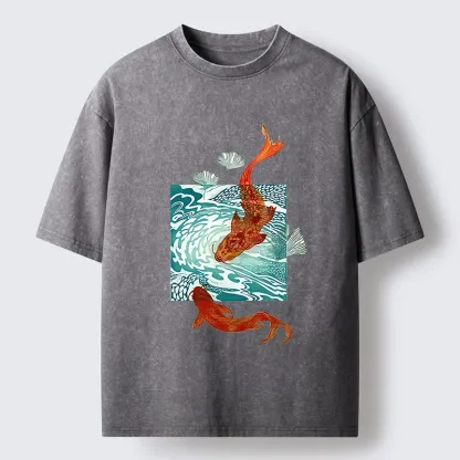Tokyo-Lion Vibrant Koi In Wave Patterns Washed T-Shirt