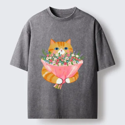 Tokyo-Lion Cozy Cat Offering A Bouquet Washed T-Shirt