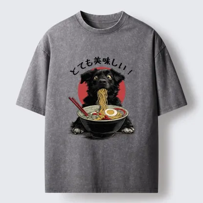 Tokyo-Lion Dog Eating Ramen Joyfully Washed T-Shirt