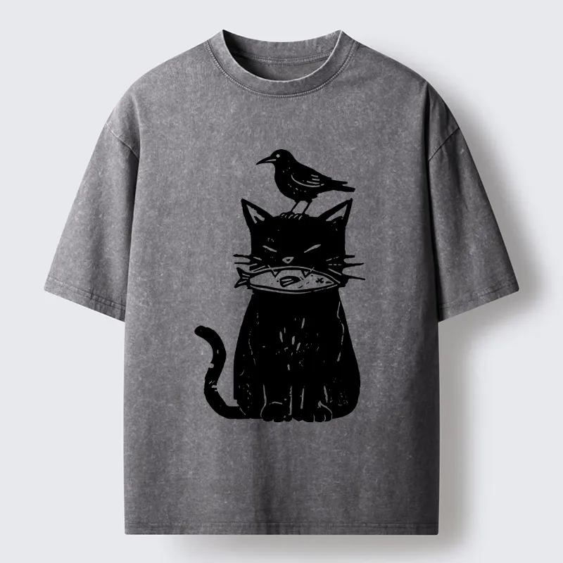 Tokyo-Lion Black Cat With Fish And Bird Washed T-Shirt