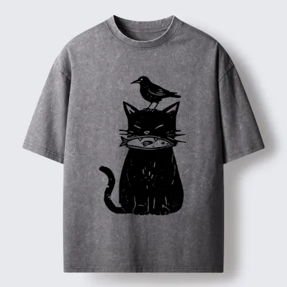 Tokyo-Lion Black Cat With Fish And Bird Washed T-Shirt