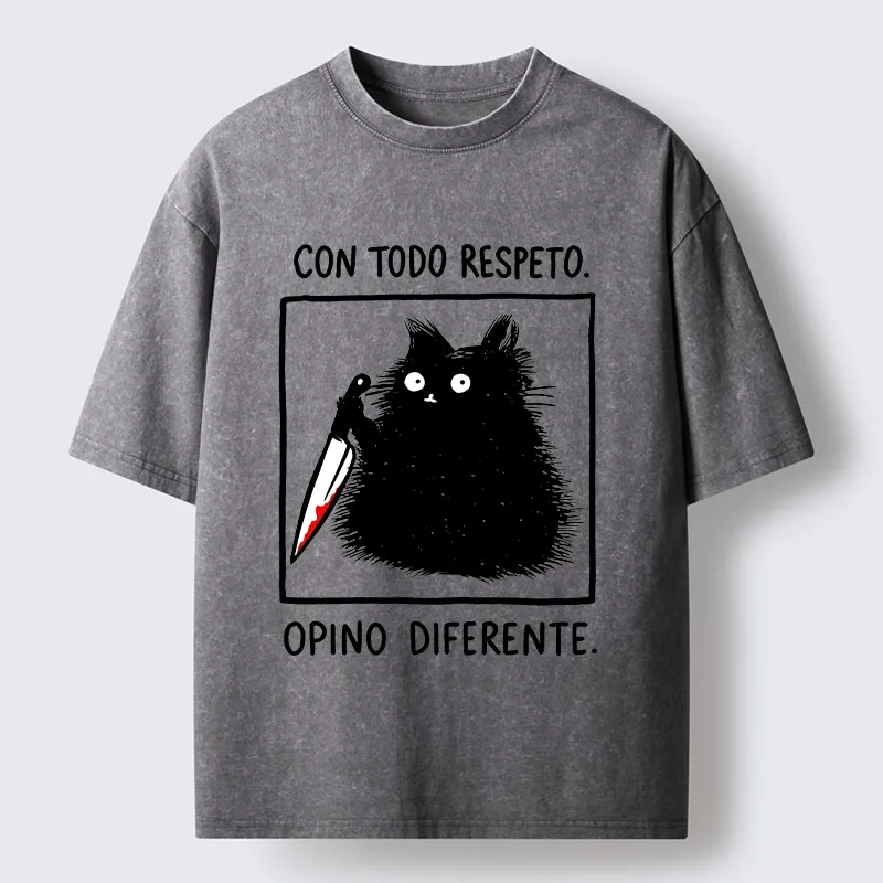 Tokyo-Lion Black Cat Holds Knife Disagrees Washed T-Shirt