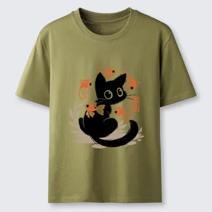 Tokyo-Lion Curious Black Cat Among Fish Classic T-Shirt-Tokyo-Lion