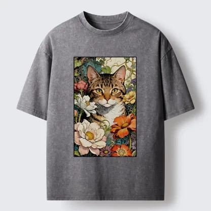 Tokyo-Lion A Cat Hidden In Flowers Washed T-Shirt-Tokyo-Lion