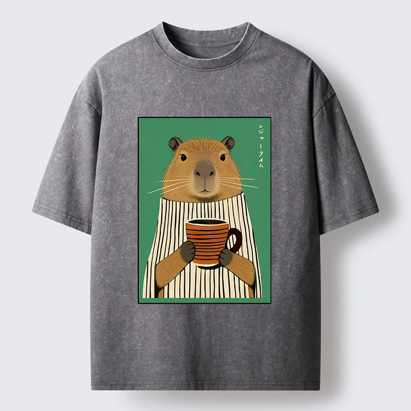 Tokyo-Lion Capybara Coffee Time Washed T-Shirt-Tokyo-Lion