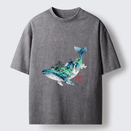 Tokyo-Lion Whale Ink Painting Landscape Washed T-Shirt
