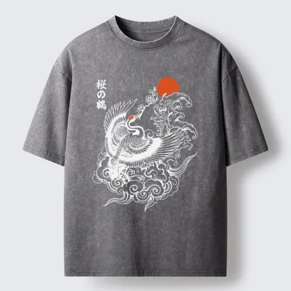 Tokyo-Lion Sakura Crane In Flight Washed T-Shirt