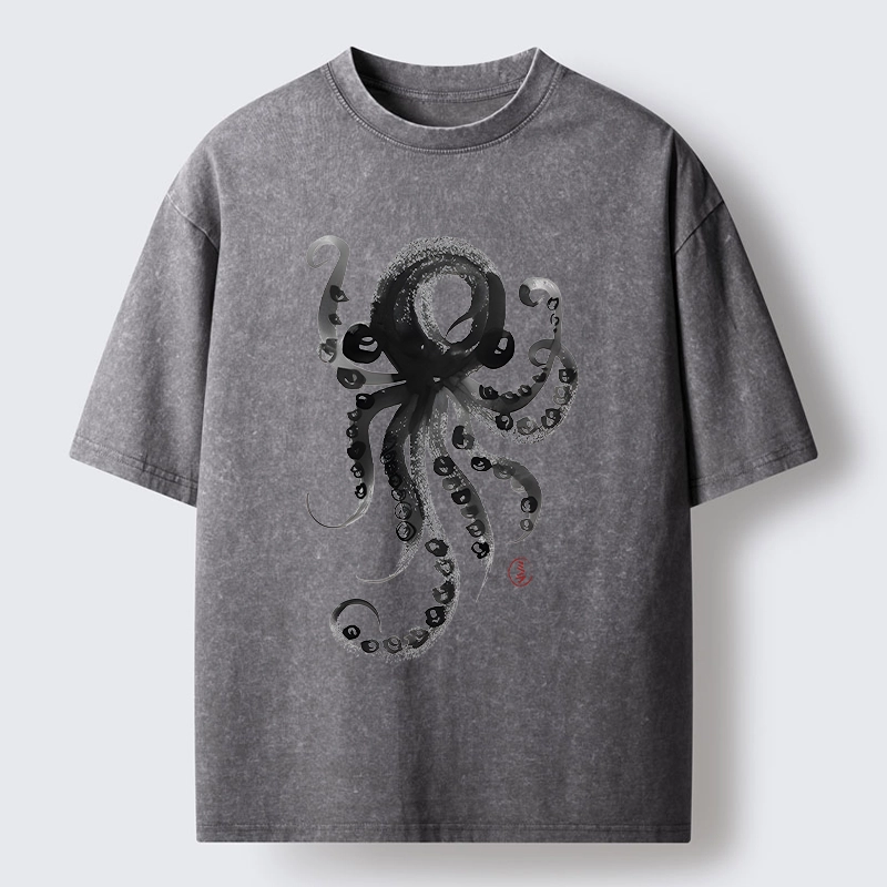 Tokyo-Lion Japanese Ink Octopus Art Washed T-Shirt
