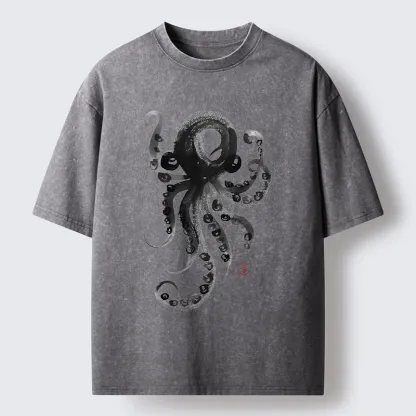 Tokyo-Lion Japanese Ink Octopus Art Washed T-Shirt