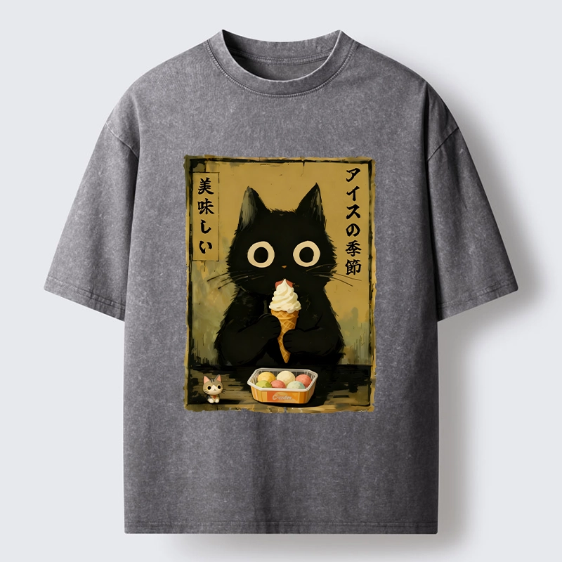 Tokyo-Lion Black Cat Loves Ice Cream Washed T-Shirt