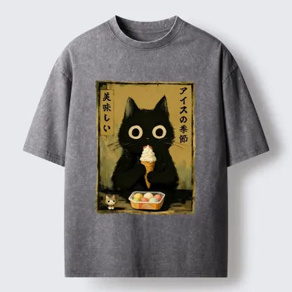 Tokyo-Lion Black Cat Loves Ice Cream Washed T-Shirt