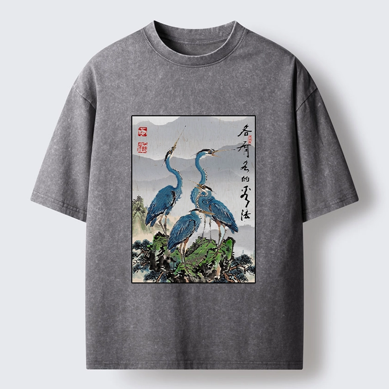 Tokyo-Lion Cranes On Rock Zen Nature Washed T-Shirt
