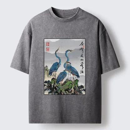 Tokyo-Lion Cranes On Rock Zen Nature Washed T-Shirt