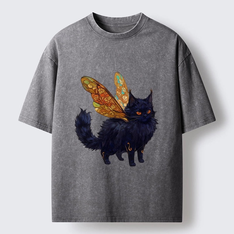 Tokyo-Lion Funny Fairy Black Cat Art Washed T-Shirt