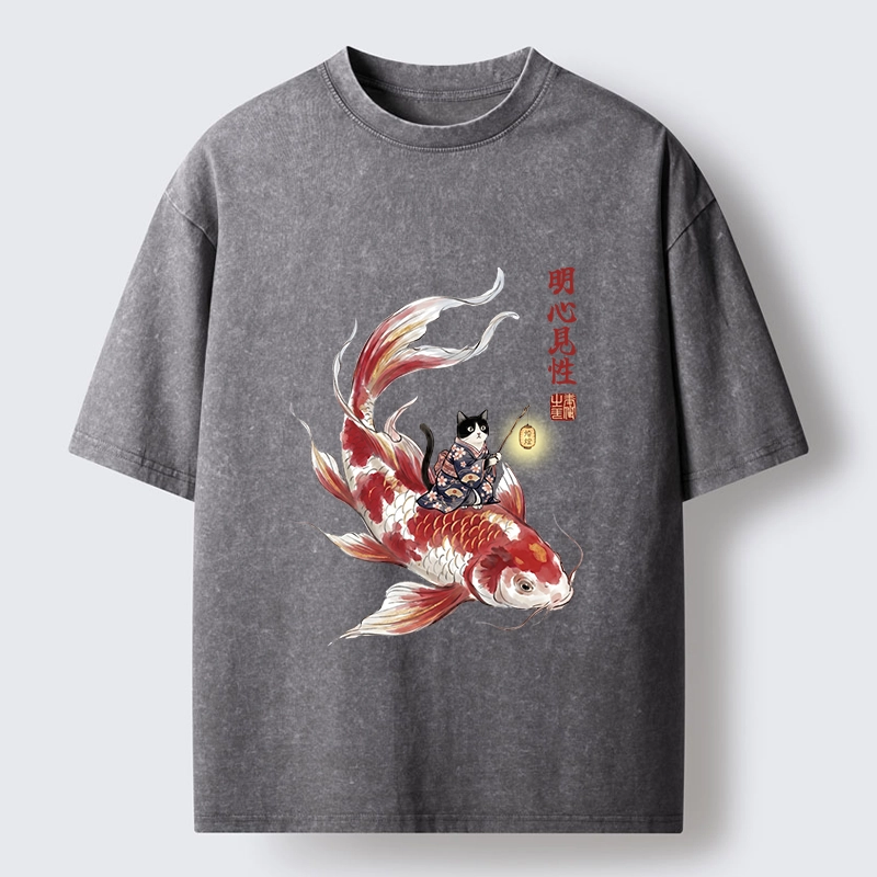 Tokyo-Lion Cute Kimono Cat On Koi Fish Washed T-Shirt
