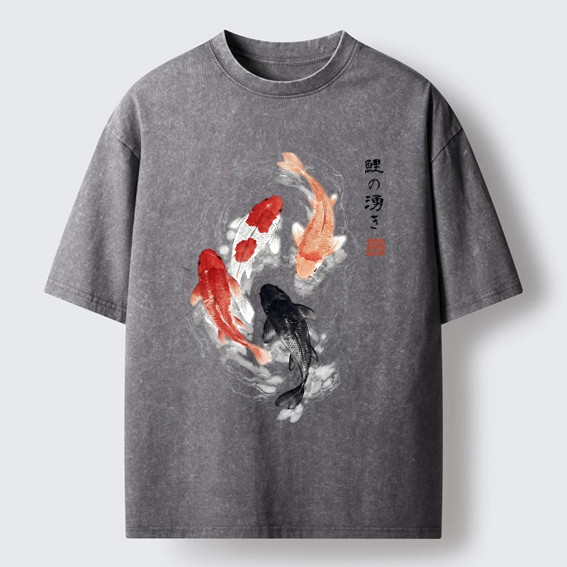 Tokyo-Lion Koi Fish Flow In Traditional Ink Style Washed T-Shirt