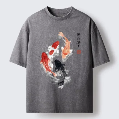 Tokyo-Lion Koi Fish Flow In Traditional Ink Style Washed T-Shirt