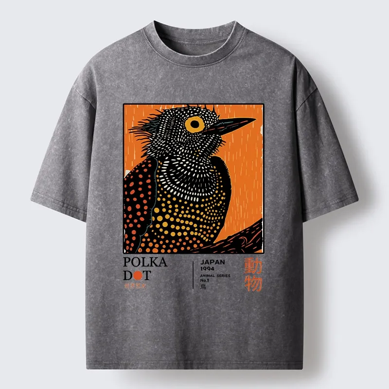 Tokyo-Lion Polka Dot Bird Japanese Art Poster Washed T-Shirt