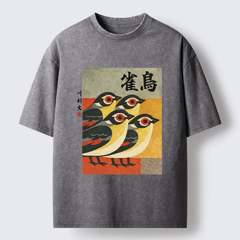 Tokyo-Lion Cute Sparrows In Retro Japanese Print Washed T-Shir