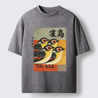 Tokyo-Lion Cute Sparrows In Retro Japanese Print Washed T-Shir