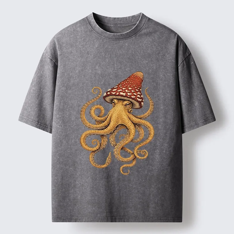 Tokyo-Lion Mushroom Octopus Fantasy Art Washed T-Shirt