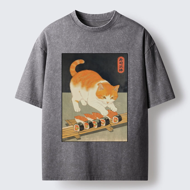 Tokyo-Lion Cat Trying To Steal Sushi Washed T-Shirt