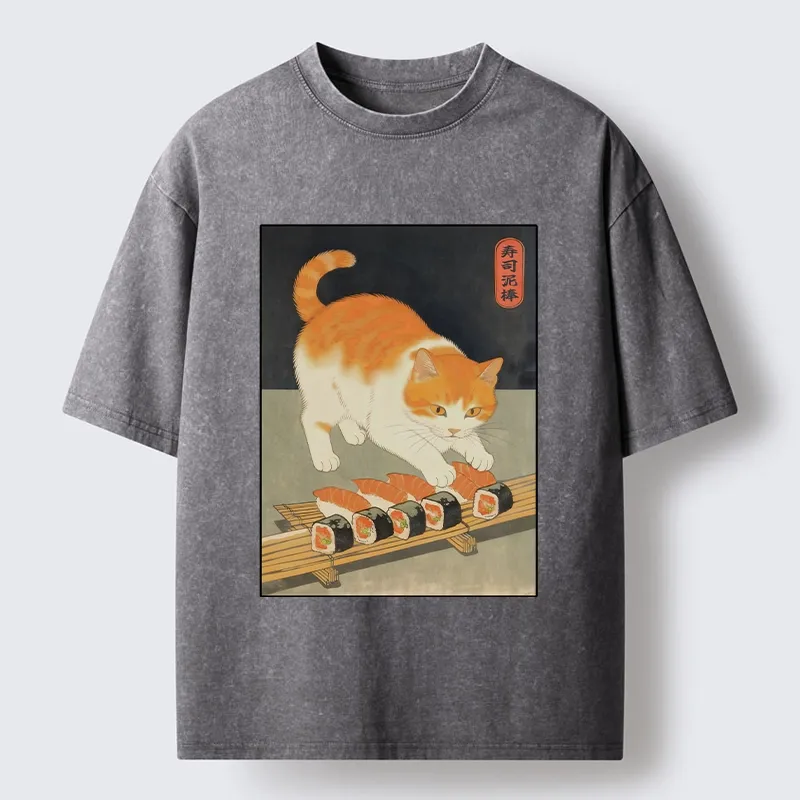 Tokyo-Lion Cat Trying To Steal Sushi Washed T-Shirt