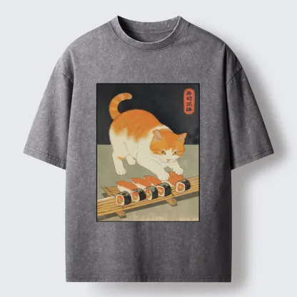 Tokyo-Lion Cat Trying To Steal Sushi Washed T-Shirt