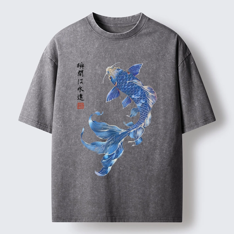 Tokyo-Lion Lucky Blue Koi Fish Art Washed T-Shirt